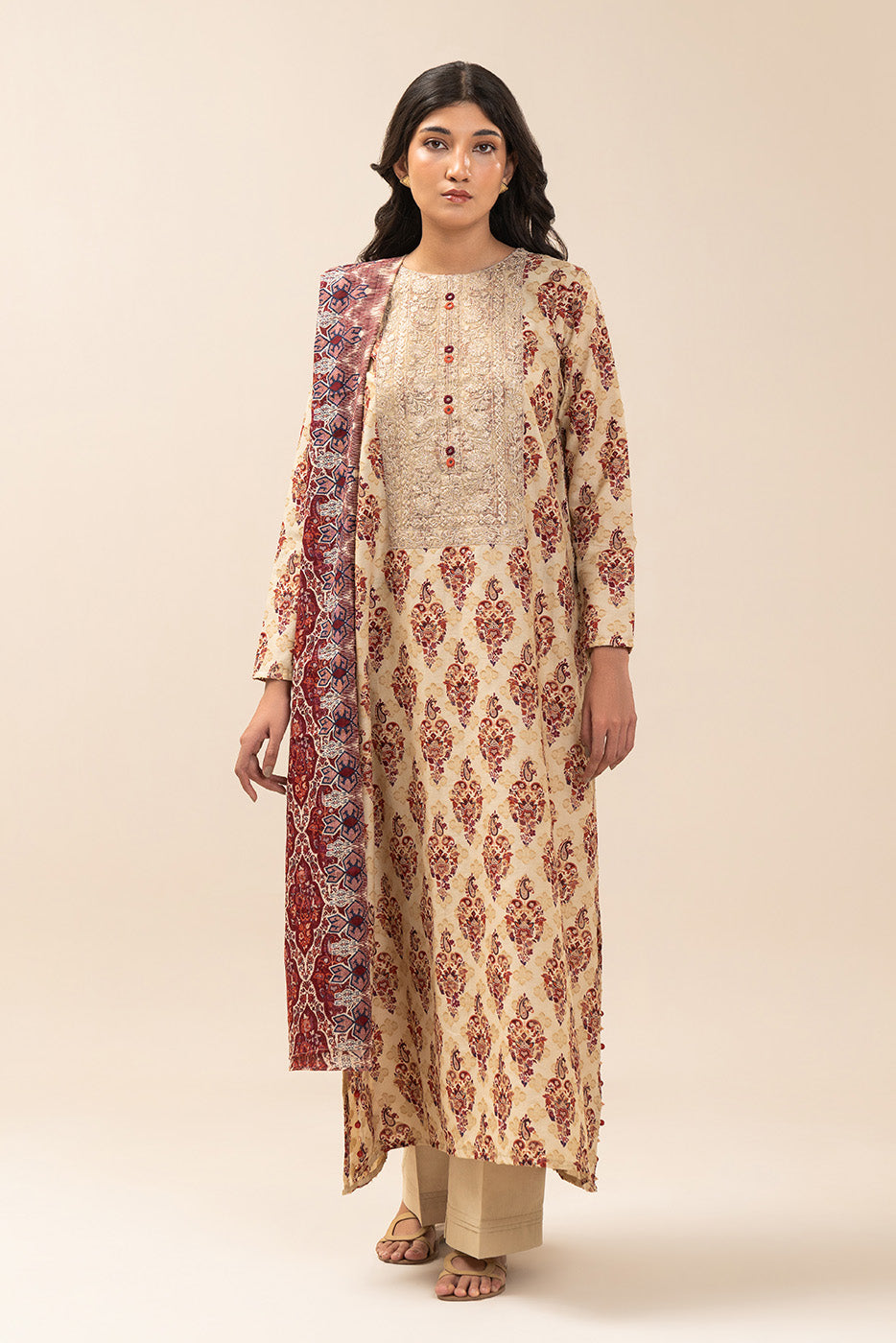 3 PIECE EMBROIDERED REVERSE  JACQUARD SUIT-REGAL UMBER (UNSTITCHED)