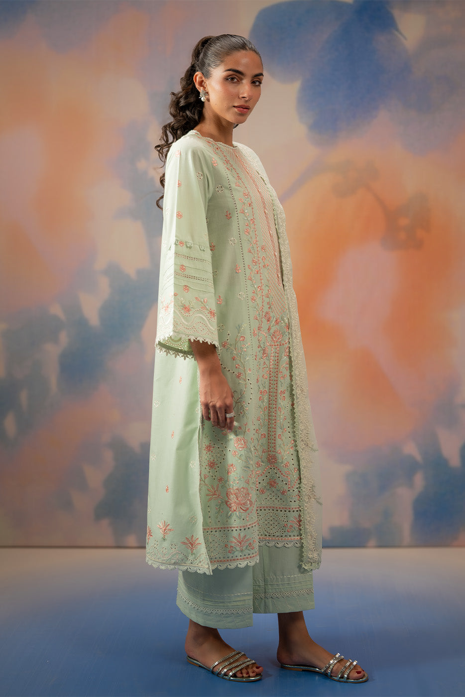 3 PIECE EMBROIDERED LAWN SUIT-MINT HALO (UNSTITCHED)