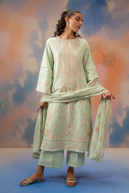 3 PIECE EMBROIDERED LAWN SUIT-MINT HALO (UNSTITCHED)