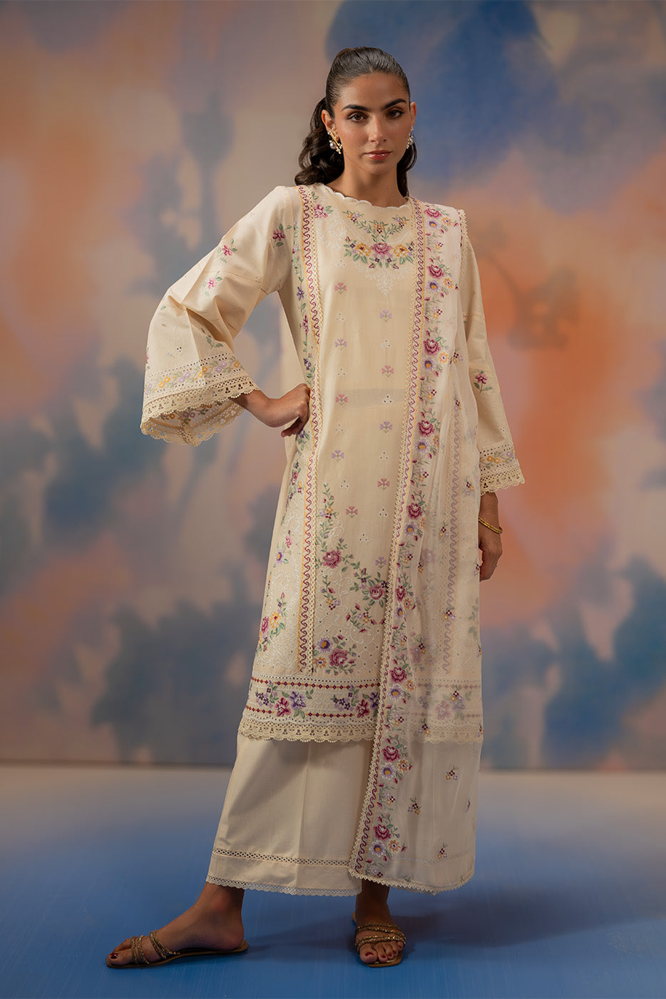 3 PIECE EMBROIDERED CHIKANKARI SUIT WITH BAMBER DUPATTA-BEIGE ATELIER (UNSTITCHED)