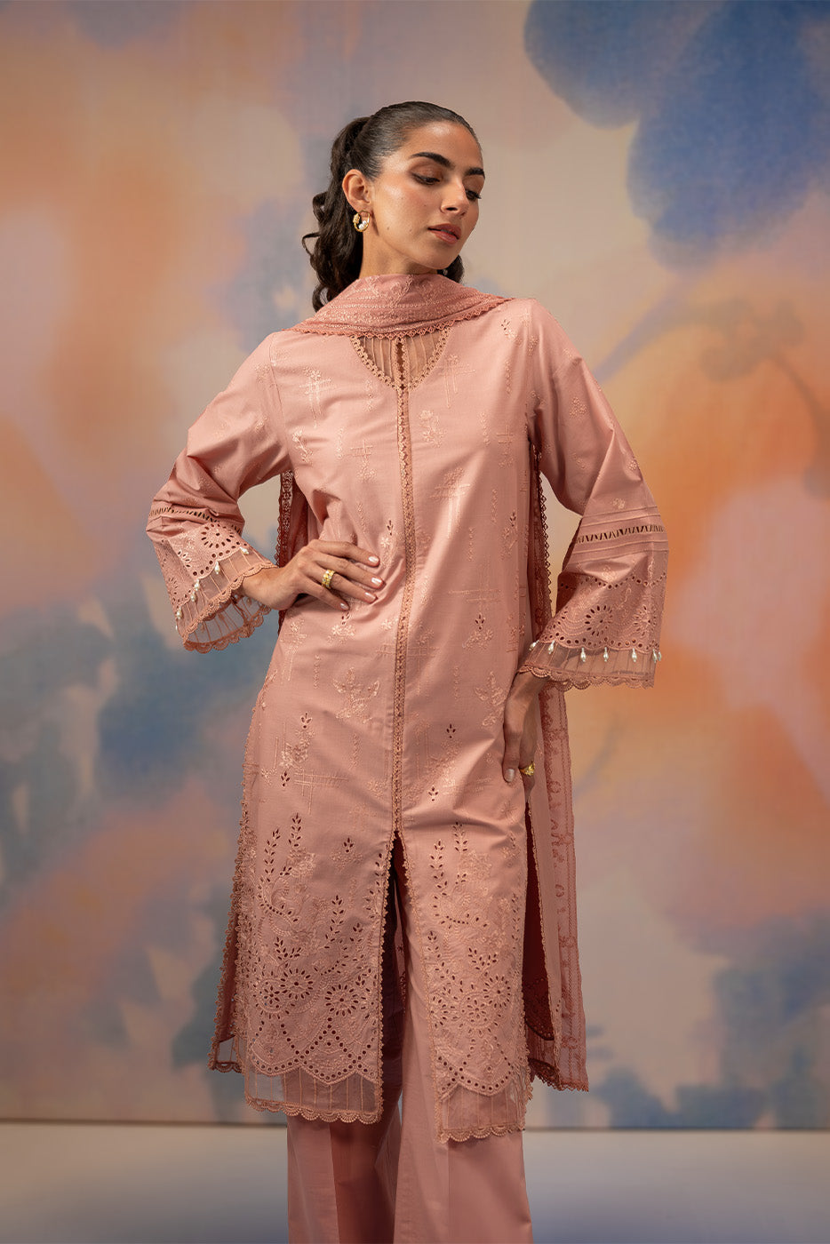 3 PIECE EMBROIDERED CHIKANKARI SUIT WITH BAMBER DUPATTA-BLUSH BLOOM (UNSTITCHED)