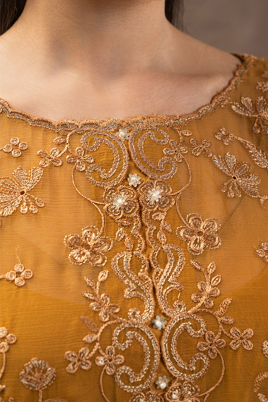 4 PIECE EMBROIDERED CHIFFON SUIT-GOLD SECRET (UNSTITCHED)