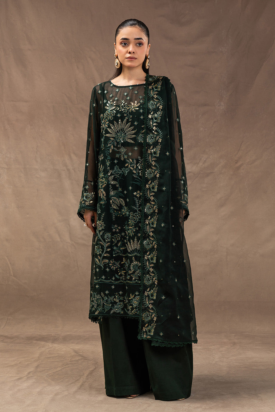 4 PIECE EMBROIDERED CHIFFON SUIT-EVERGREEN GROVE (UNSTITCHED)