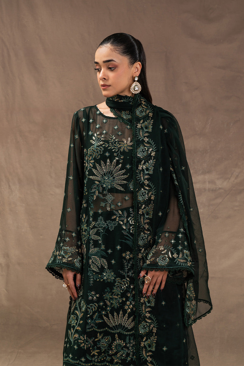 4 PIECE EMBROIDERED CHIFFON SUIT-EVERGREEN GROVE (UNSTITCHED)