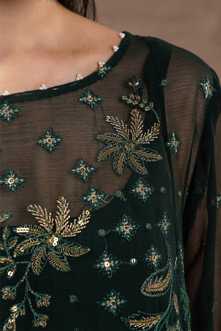 4 PIECE EMBROIDERED CHIFFON SUIT-EVERGREEN GROVE (UNSTITCHED)