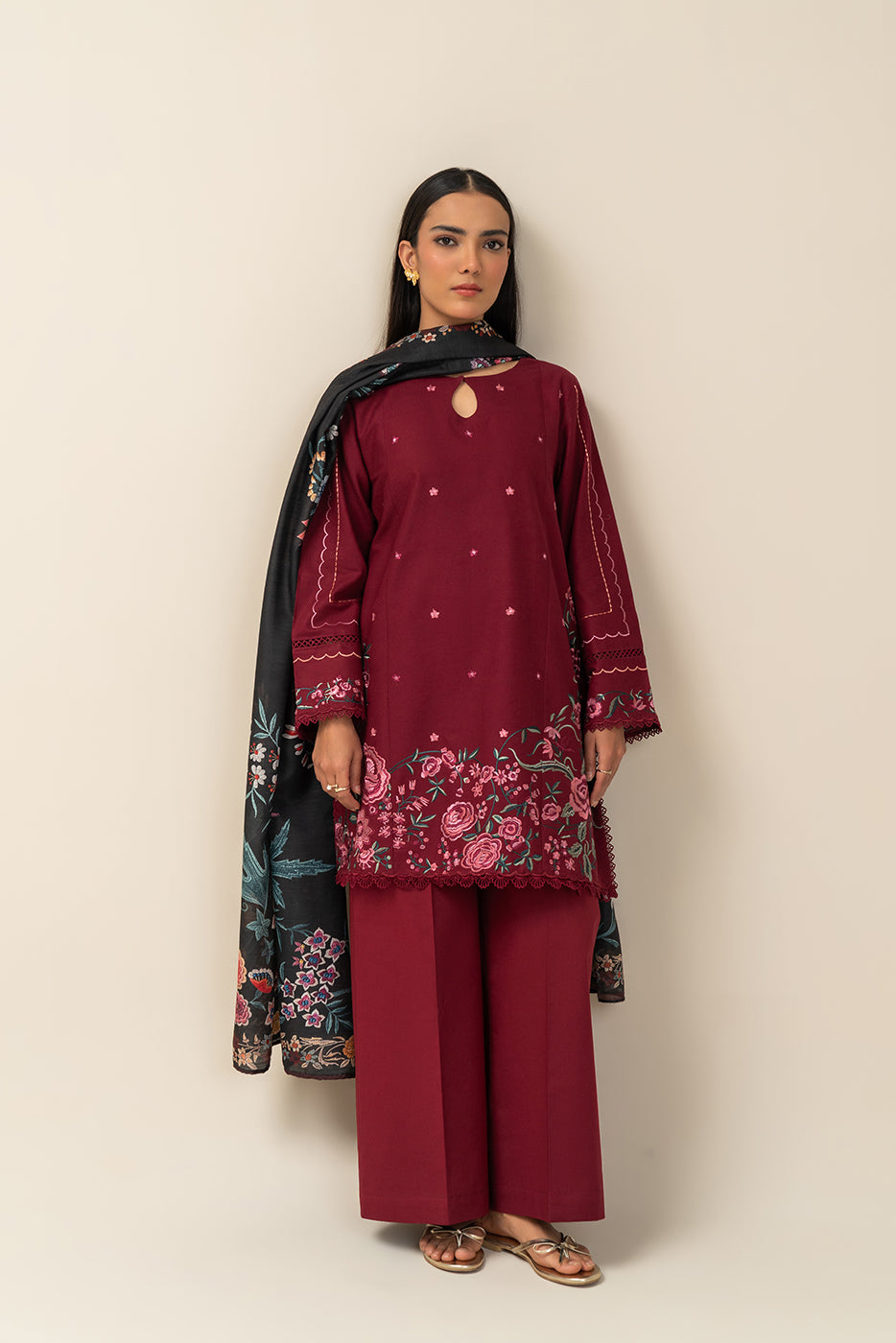 3 PIECE EMBROIDERED  TEXTURED LAWN SUIT-GARNET GRACE (UNSTITCHED)