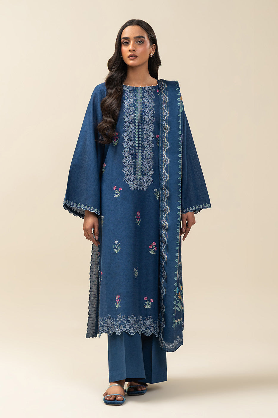 3 PIECE EMBROIDERED  TEXTURED LAWN SUIT-INDIGO HAZE (UNSTITCHED)