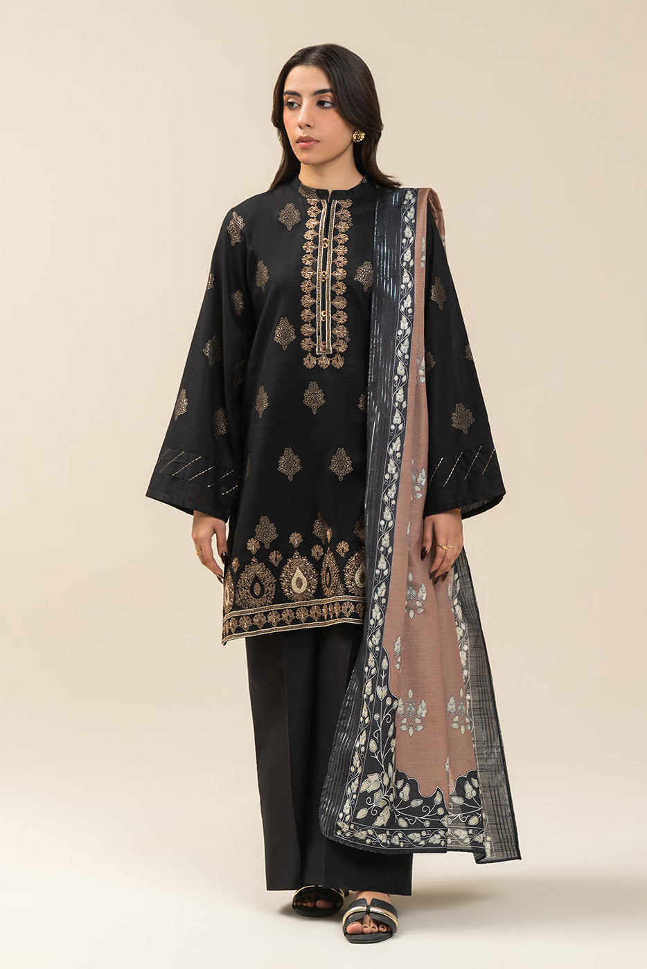 3 PIECE EMBROIDERED JACQUARD SUIT-ANTIQUE BRONZE (UNSTITCHED)