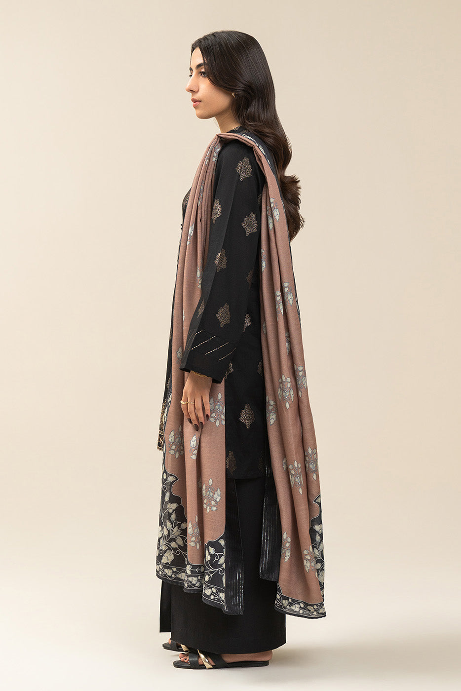 3 PIECE EMBROIDERED JACQUARD SUIT-ANTIQUE BRONZE (UNSTITCHED)