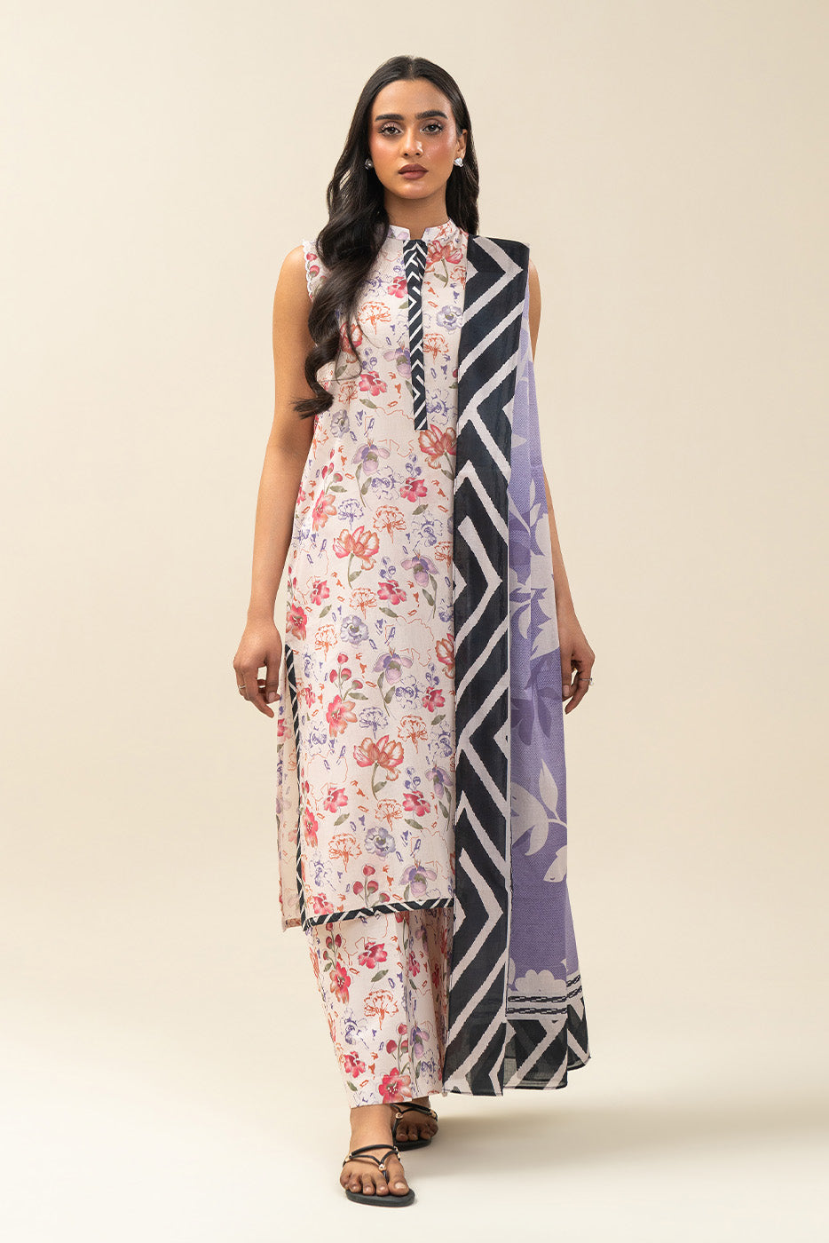 3 PIECE PRINTED LAWN SUIT-SOFT FERN (UNSTITCHED)