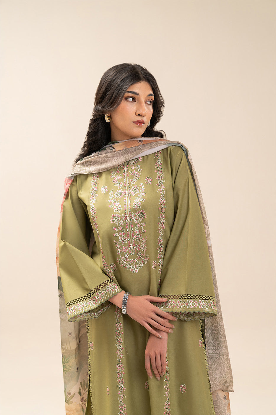 2 PIECE EMBROIDERED LAWN SUIT-OLIVE LUXE (UNSTITCHED)