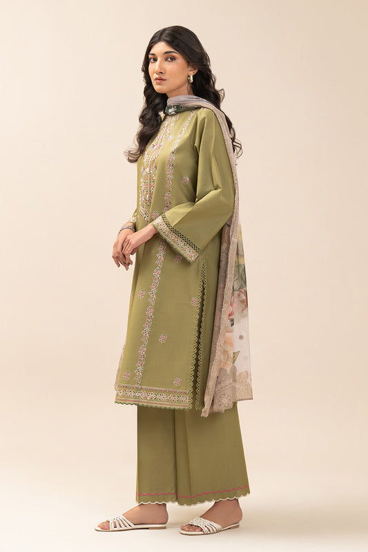 2 PIECE EMBROIDERED LAWN SUIT-OLIVE LUXE (UNSTITCHED)