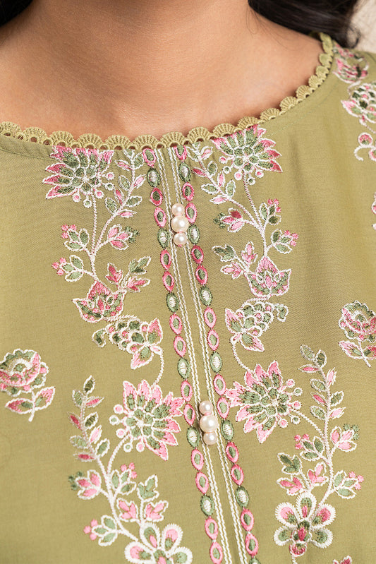 2 PIECE EMBROIDERED LAWN SUIT-OLIVE LUXE (UNSTITCHED)