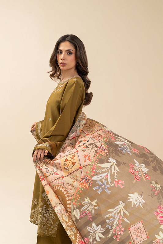 3 PIECE EMBROIDERED LAWN SUIT-OLIVE CHARM (UNSTITCHED)