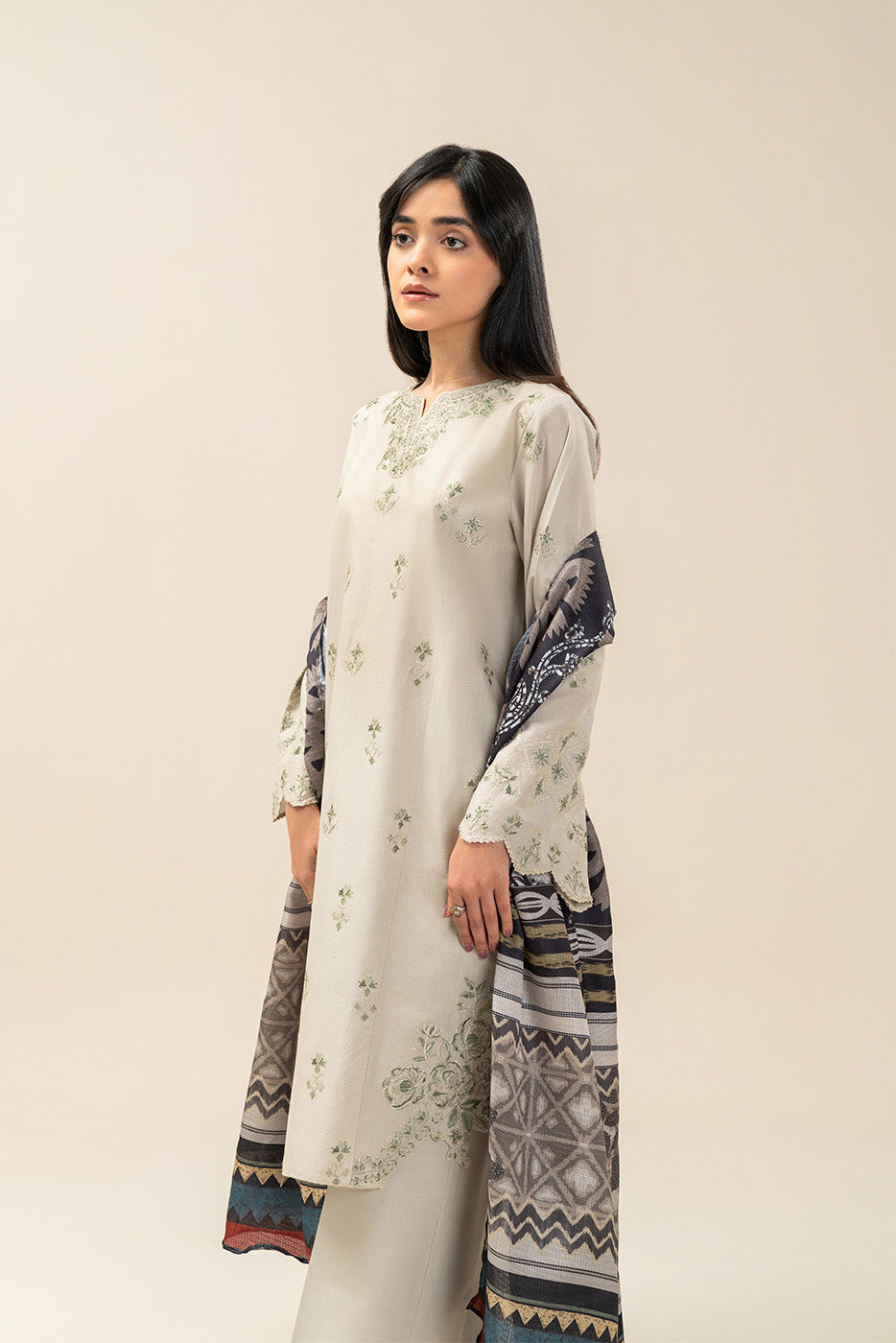 3 PIECE EMBROIDERED LAWN SUIT-OYSTER BUD (UNSTITCHED)