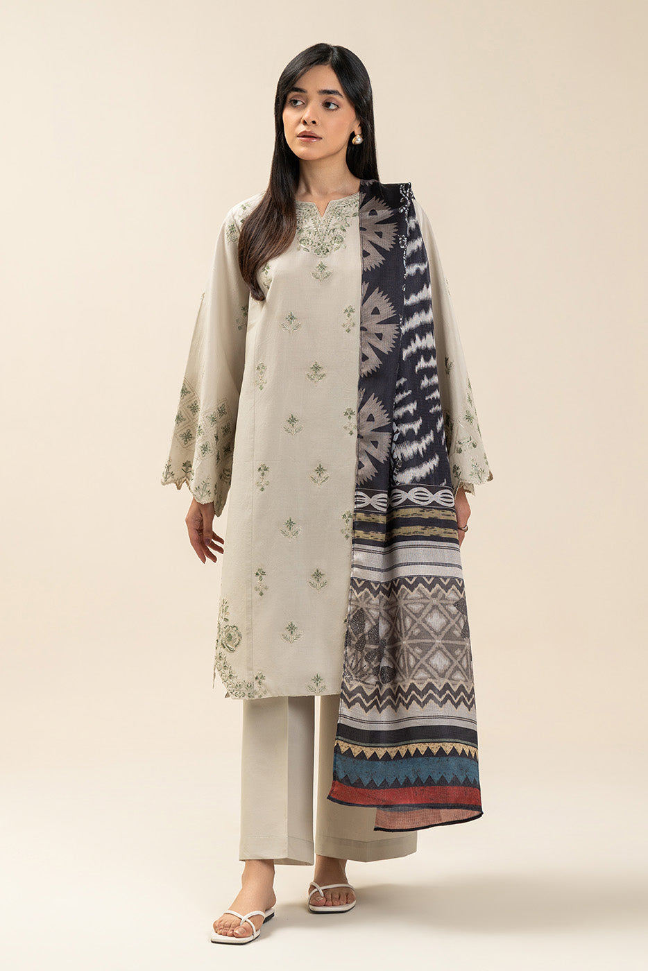 3 PIECE EMBROIDERED LAWN SUIT-OYSTER BUD (UNSTITCHED)