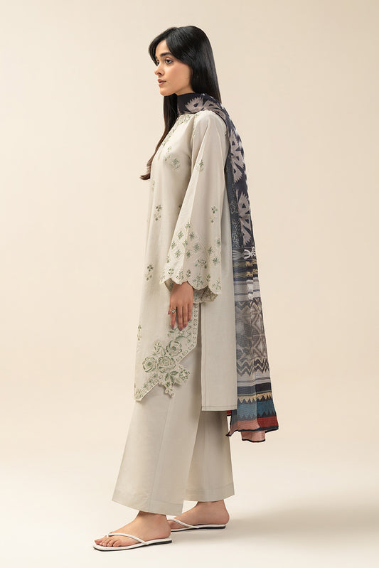 3 PIECE EMBROIDERED LAWN SUIT-OYSTER BUD (UNSTITCHED)