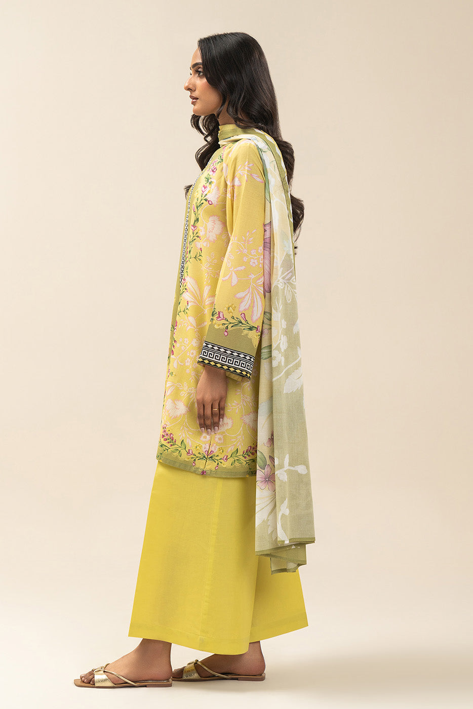 3 PIECE PRINTED LAWN SUIT-FROSTED LIME (UNSTITCHED)