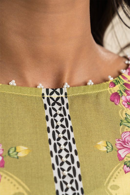 3 PIECE PRINTED LAWN SUIT-FROSTED LIME (UNSTITCHED)