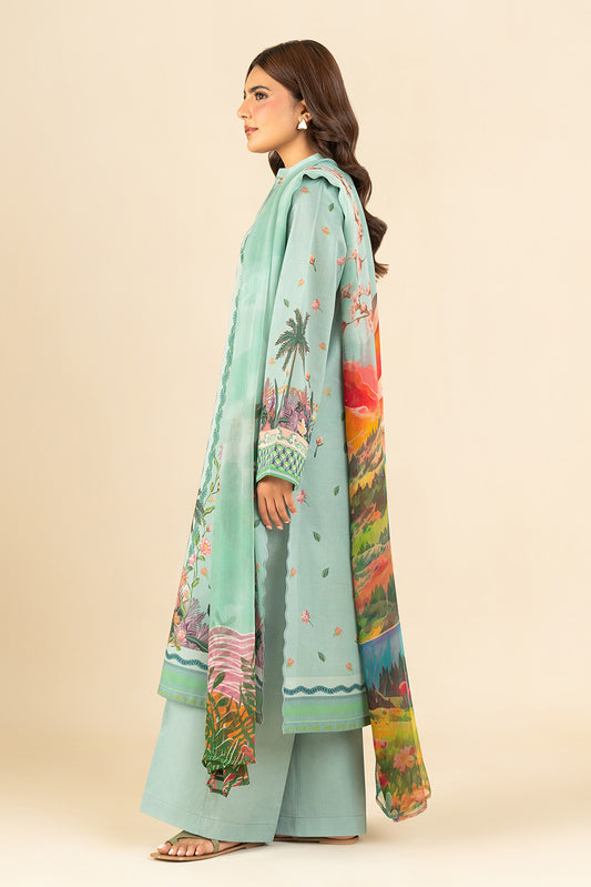 3 PIECE PRINTED LAWN SUIT-CAMEO GREEN (UNSTITCHED)