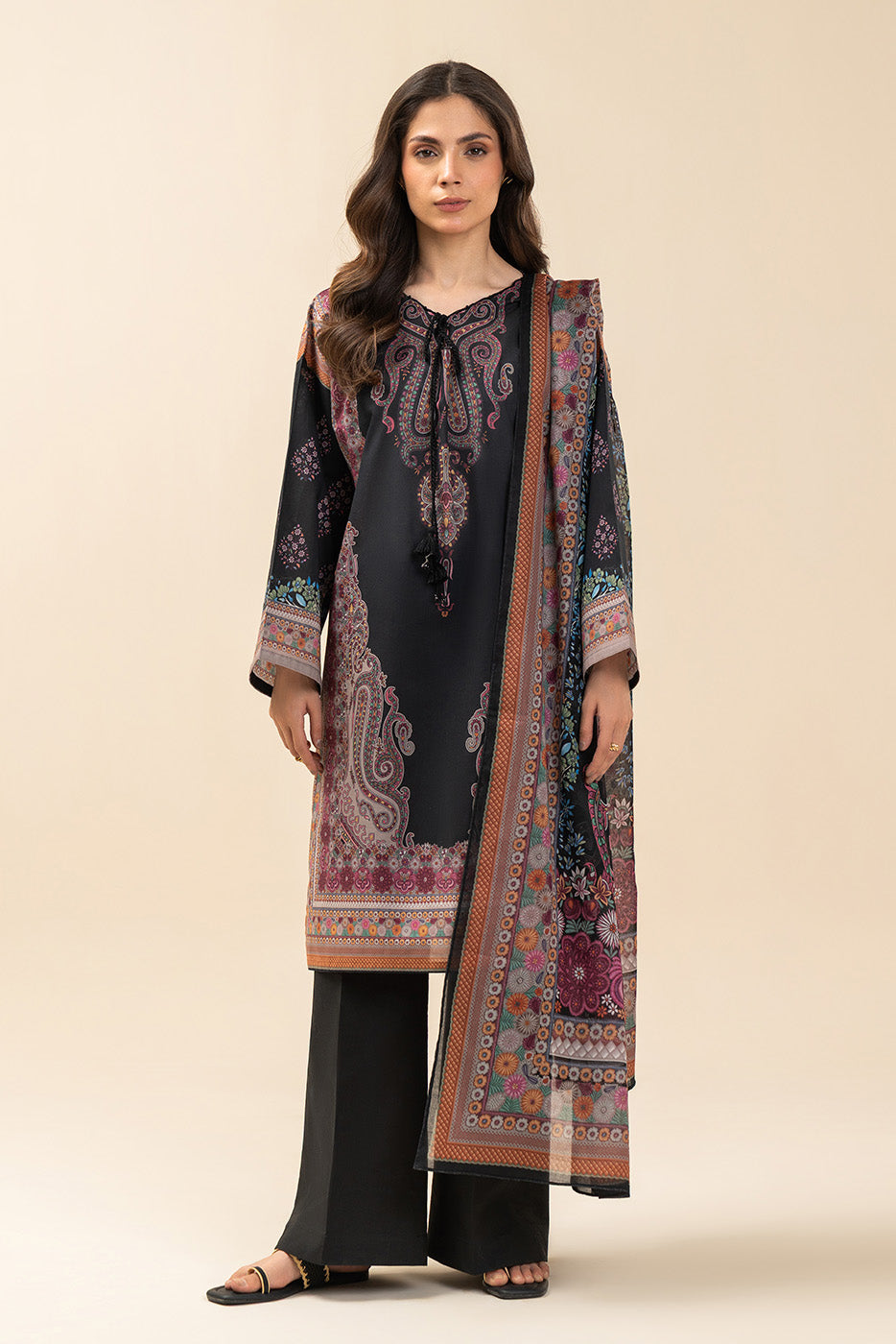 3 PIECE PRINTED LAWN SUIT-BLACK CYPRESS (UNSTITCHED)