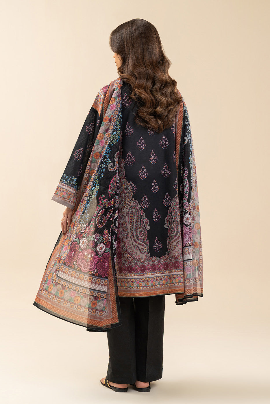 3 PIECE PRINTED LAWN SUIT-BLACK CYPRESS (UNSTITCHED)