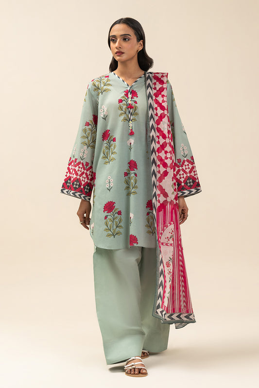3 PIECE PRINTED LAWN SUIT-SPRING ESCAPE (UNSTITCHED)