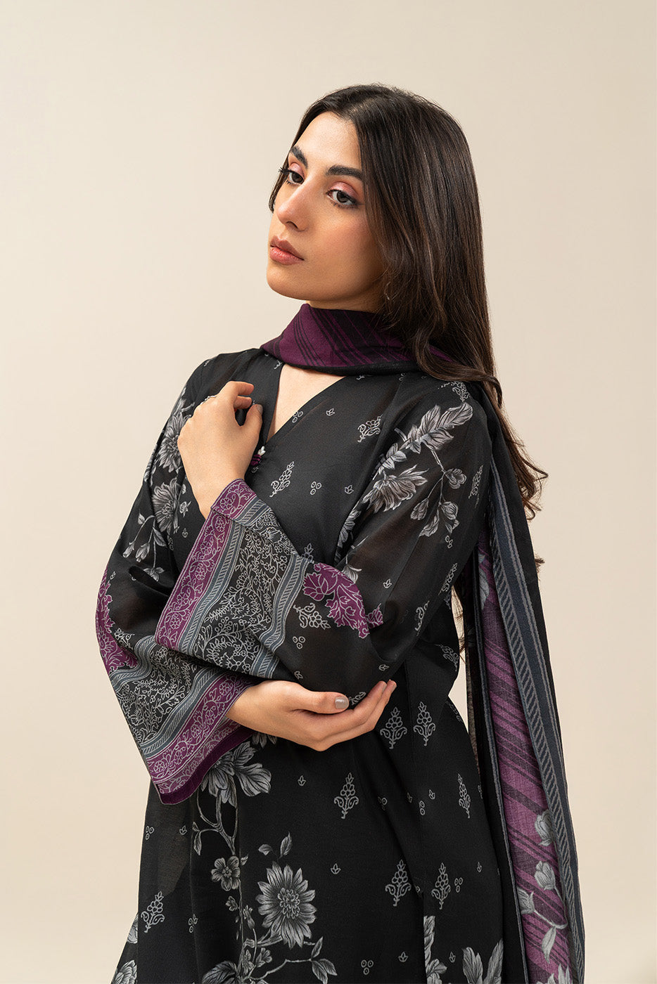 3 PIECE PRINTED LAWN SUIT-DUSTY FLORA (UNSTITCHED)