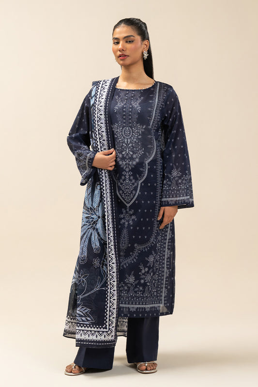 3 PIECE PRINTED LAWN SUIT-BLUE AMBER (UNSTITCHED)
