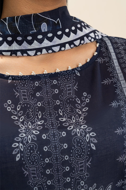 3 PIECE PRINTED LAWN SUIT-BLUE AMBER (UNSTITCHED)