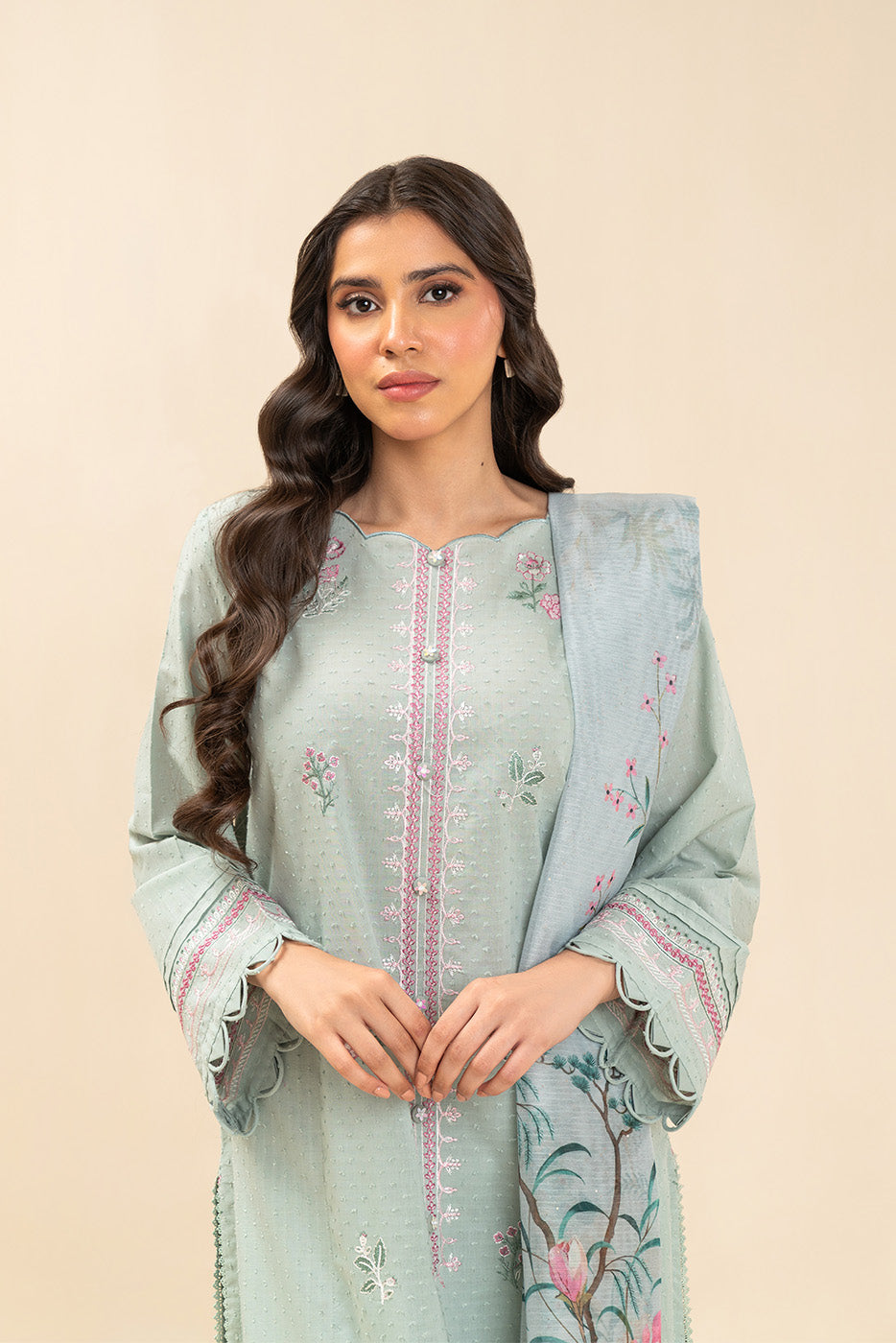 3 PIECE EMBROIDERED SELF JACQUARD SUIT-MINT GROVE (UNSTITCHED)