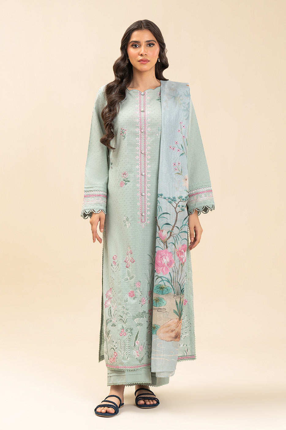3 PIECE EMBROIDERED SELF JACQUARD SUIT-MINT GROVE (UNSTITCHED)