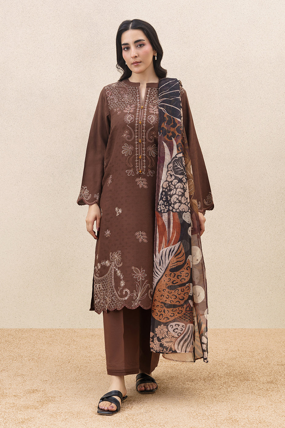 3 PIECE EMBROIDERED SELF JACQUARD  SUIT-AUTUMN EARTH (UNSTITCHED)