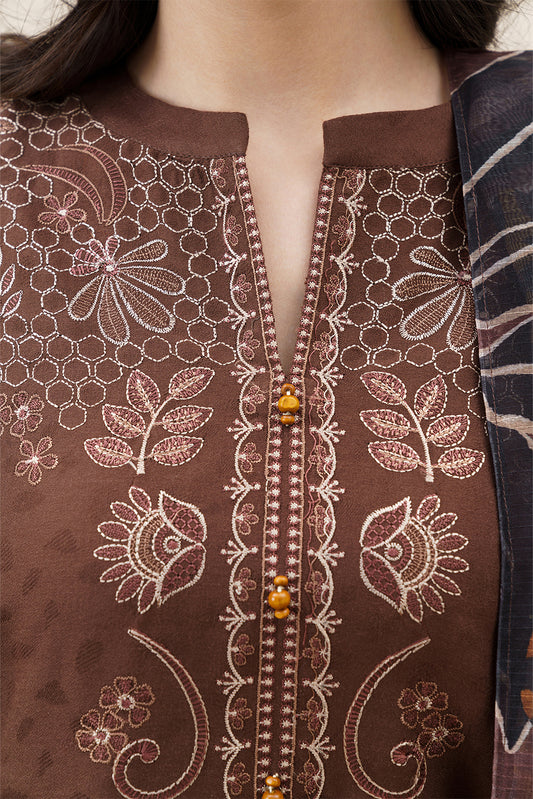 3 PIECE EMBROIDERED SELF JACQUARD  SUIT-AUTUMN EARTH (UNSTITCHED)