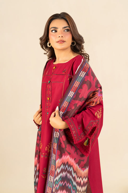 3 PIECE EMBROIDERED LAWN SUIT-IKKAT BERRY (UNSTITCHED)