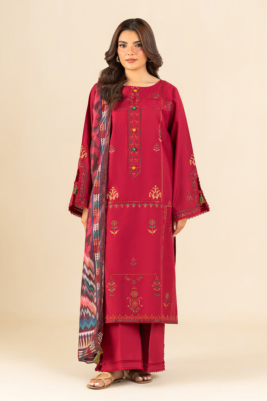 3 PIECE EMBROIDERED LAWN SUIT-IKKAT BERRY (UNSTITCHED)