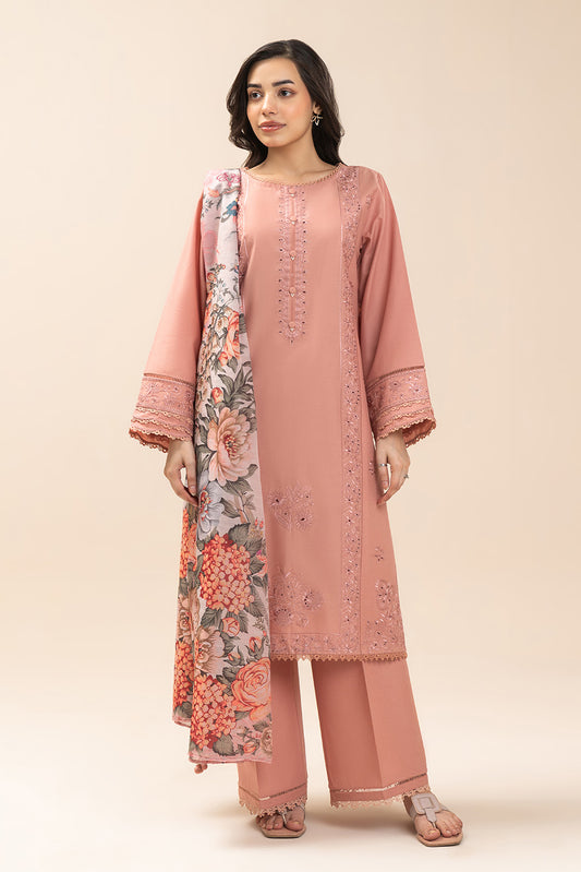 3 PIECE EMBROIDERED LAWN SUIT-CREAM PEACH (UNSTITCHED)