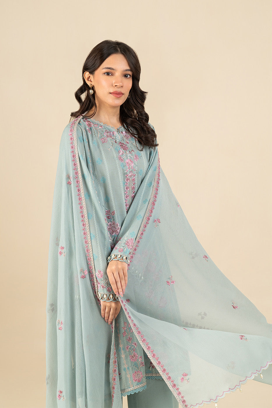 3 PIECE EMBROIDERED SELF JACQUARD SUIT-SERENE SKY (UNSTITCHED)