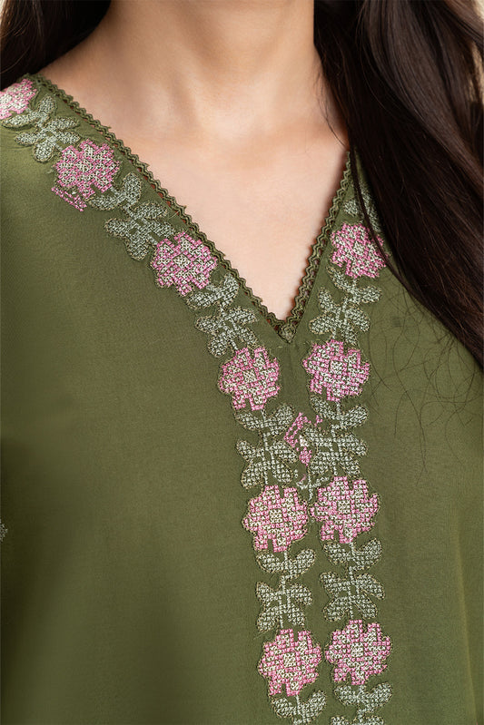 2 PICE EMBROIDERED LAWN SUIT-OLIVE VOYAGE (UNSTITCHED)