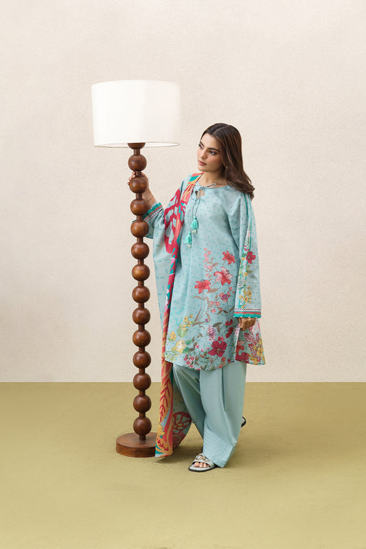 3 PIECE PRINTED LAWN SUIT-AQUA BREEZE (UNSTITCHED)