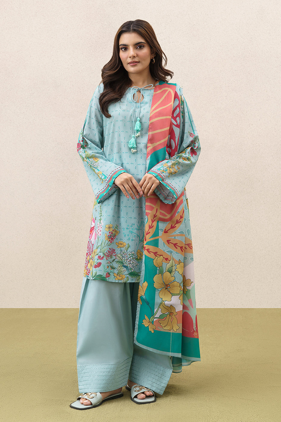 3 PIECE PRINTED LAWN SUIT-AQUA BREEZE (UNSTITCHED)