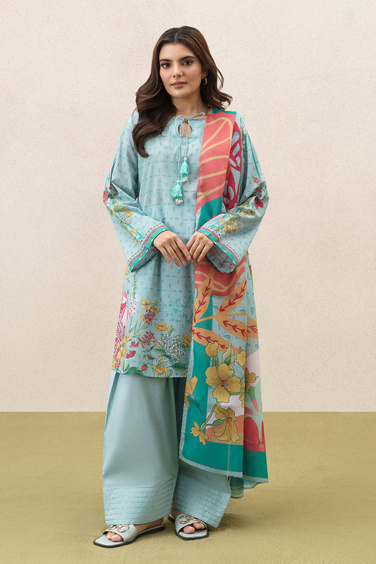 3 PIECE PRINTED LAWN SUIT-AQUA BREEZE (UNSTITCHED)
