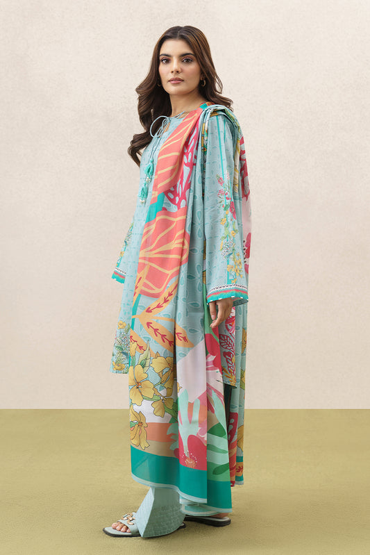 3 PIECE PRINTED LAWN SUIT-AQUA BREEZE (UNSTITCHED)