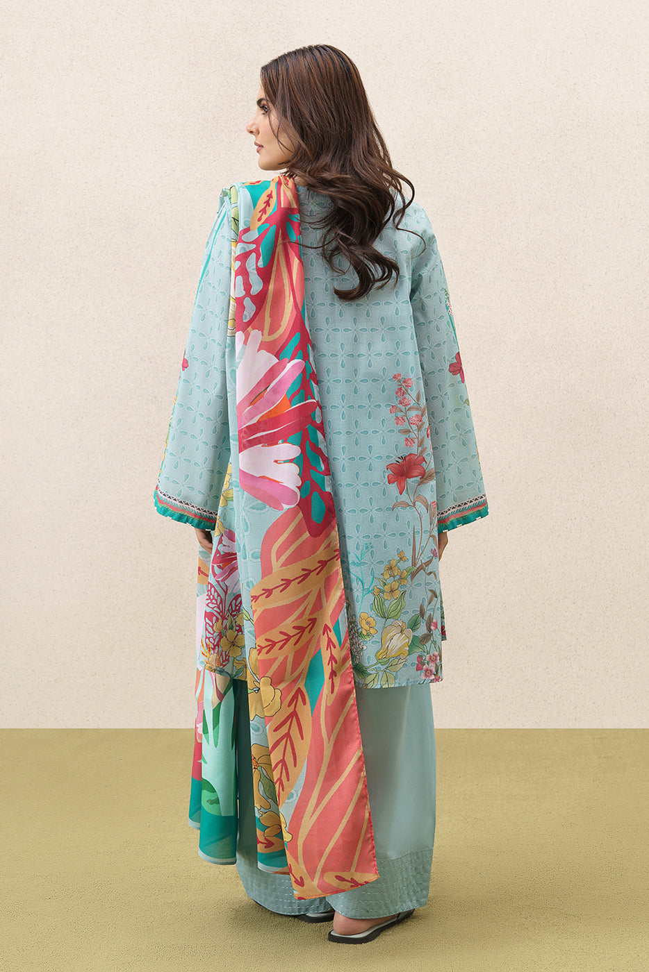 3 PIECE PRINTED LAWN SUIT-AQUA BREEZE (UNSTITCHED)