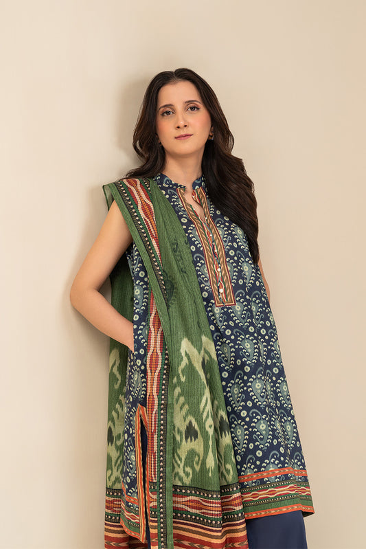 3 PIECE PRINTED LAWN SUIT-BLUE IKKAT (UNSTITCHED)