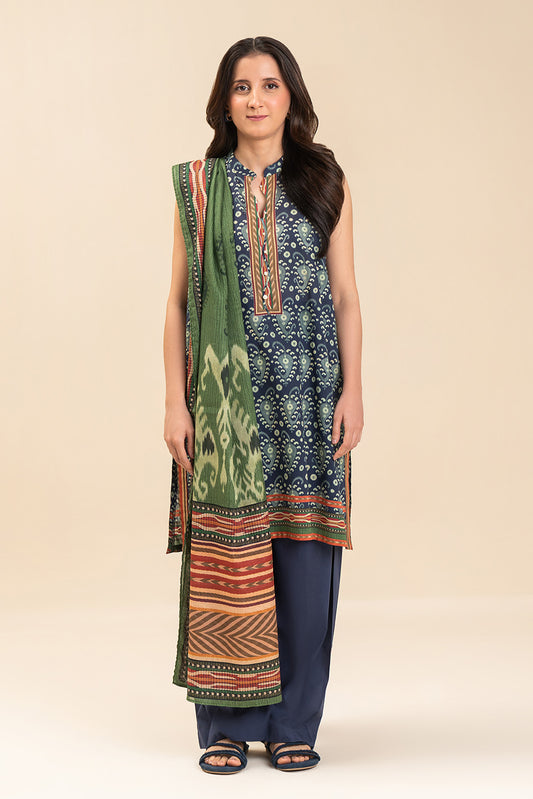 3 PIECE PRINTED LAWN SUIT-BLUE IKKAT (UNSTITCHED)