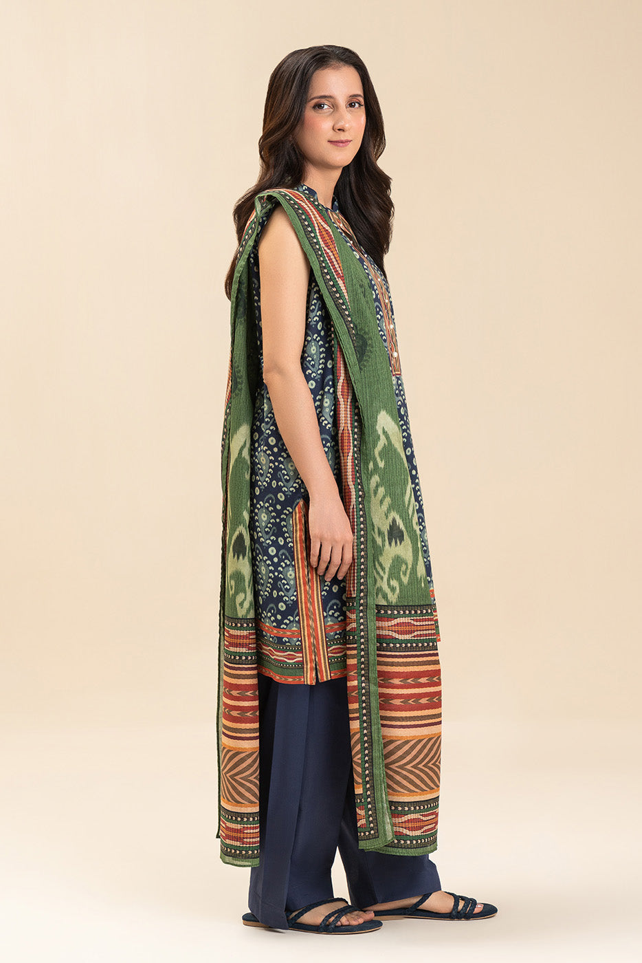 3 PIECE PRINTED LAWN SUIT-BLUE IKKAT (UNSTITCHED)