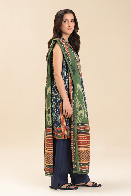 3 PIECE PRINTED LAWN SUIT-BLUE IKKAT (UNSTITCHED)