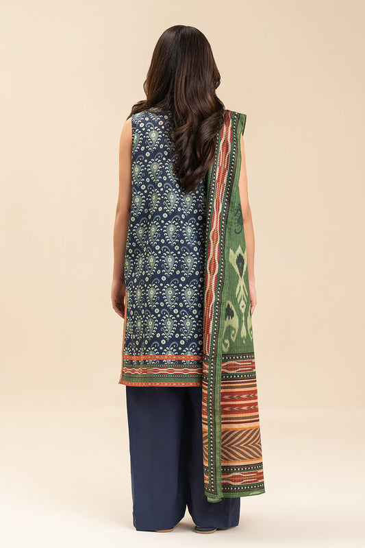 3 PIECE PRINTED LAWN SUIT-BLUE IKKAT (UNSTITCHED)