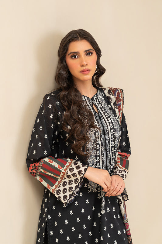 3 PIECE PRINTED LAWN SUIT-SOMBER BLACK (UNSTITCHED)